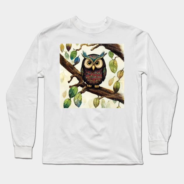 Cute Owl with russet and teal feathers Long Sleeve T-Shirt by Geminiartstudio